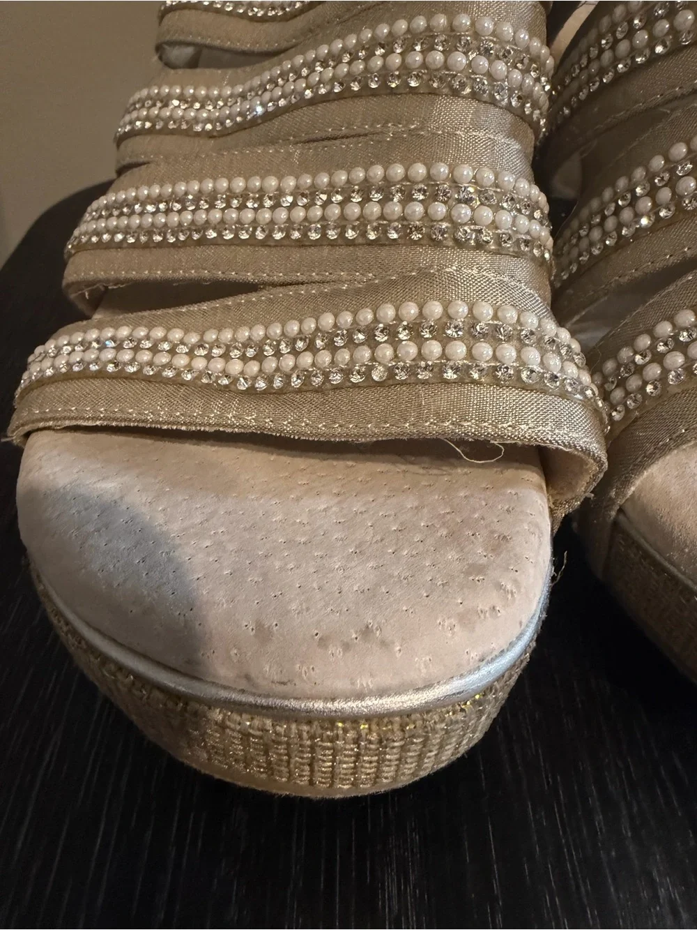 Volatile Pearl Rhinestone Embellished Wedge Slide Sandals Size 7